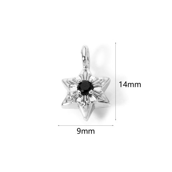 Picture of 2 PCs Eco-friendly Brass Religious Charms Real Platinum Plated Star Of David Hexagram Black Rhinestone 14mm x 9mm