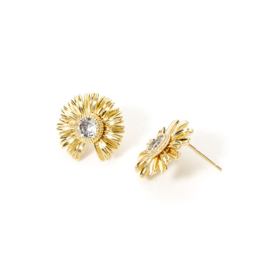 Bild von 2 Stück Umweltfreundlich Messing Ohrring Ohrstecker 18K Echtgold plattiert Blumen Gänseblümchen Message " Mit Öse " Klar Zirkonia 17mm x 17mm
