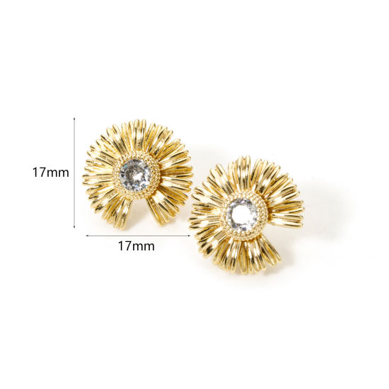 Bild von 2 Stück Umweltfreundlich Messing Ohrring Ohrstecker 18K Echtgold plattiert Blumen Gänseblümchen Message " Mit Öse " Klar Zirkonia 17mm x 17mm