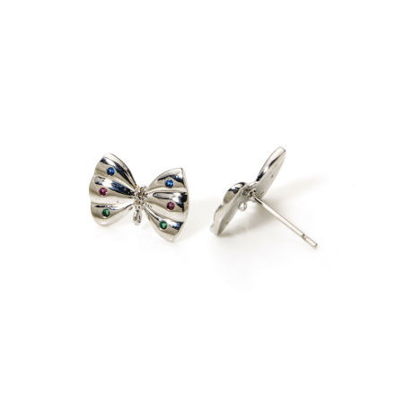 2 Unidades Respetuoso del Medio Ambiente Latón Pendientes de Poste de Oreja Platino Real Chapado Bowknot Con Lazo Multicolor Circón Artificial 15mm x 10mm