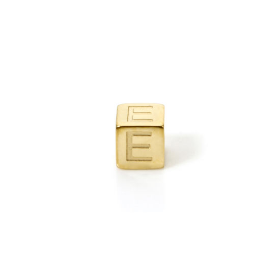 Immagine di 2 Pz Placcatura Sottovuoto PVD Ecologica 304 Acciaio Inossidabile Perline per la Creazione di Gioielli con Fai-da-te Placcato Oro 14K Cubo Lettera Maiuscola Lettere " E " 5mm x 5mm, Buco: Circa 2mm