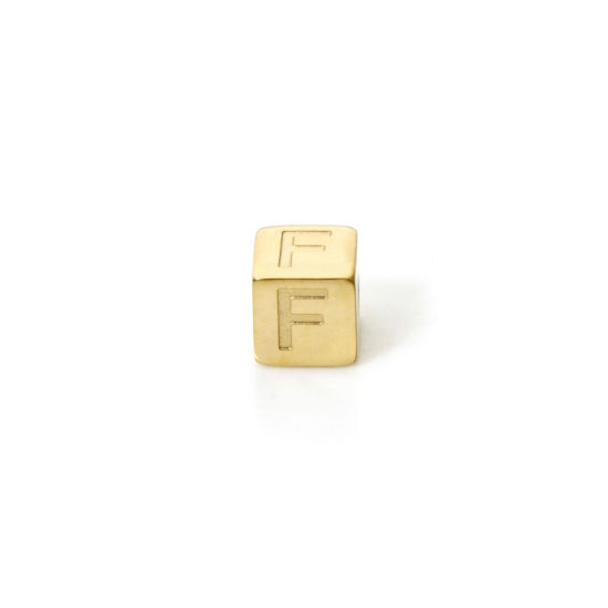 Immagine di 2 Pz Placcatura Sottovuoto PVD Ecologica 304 Acciaio Inossidabile Perline per la Creazione di Gioielli con Fai-da-te Placcato Oro 14K Cubo Lettera Maiuscola Lettere " F " 5mm x 5mm, Buco: Circa 2mm
