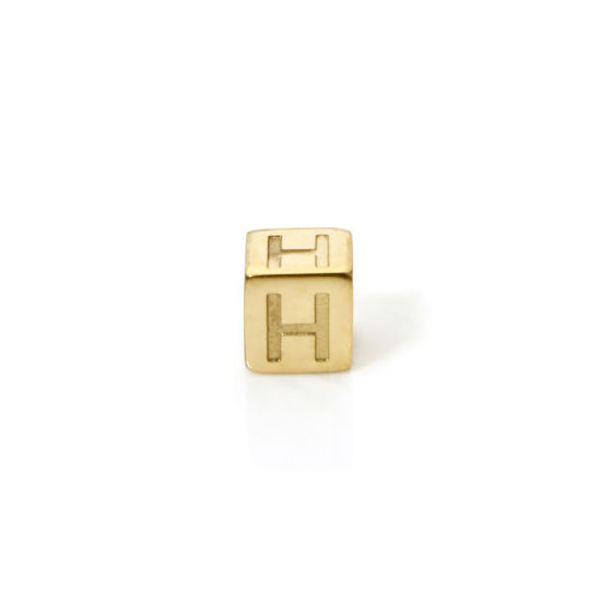 Immagine di 2 Pz Placcatura Sottovuoto PVD Ecologica 304 Acciaio Inossidabile Perline per la Creazione di Gioielli con Fai-da-te Placcato Oro 14K Cubo Lettera Maiuscola Lettere " H " 5mm x 5mm, Buco: Circa 2mm