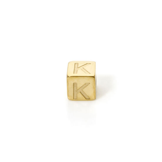 Immagine di 2 Pz Placcatura Sottovuoto PVD Ecologica 304 Acciaio Inossidabile Perline per la Creazione di Gioielli con Fai-da-te Placcato Oro 14K Cubo Lettera Maiuscola Lettere " K " 5mm x 5mm, Buco: Circa 2mm