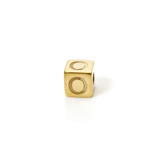 Immagine di 2 Pz Placcatura Sottovuoto PVD Ecologica 304 Acciaio Inossidabile Perline per la Creazione di Gioielli con Fai-da-te Placcato Oro 14K Cubo Lettera Maiuscola Lettere " O " 5mm x 5mm, Buco: Circa 2mm