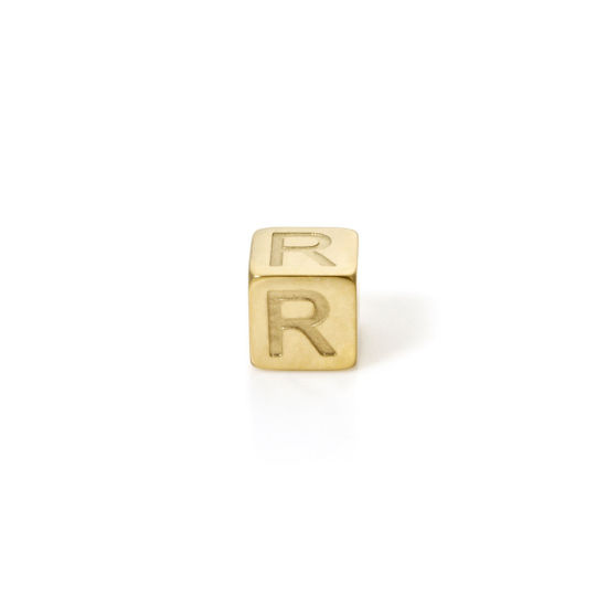 Immagine di 2 Pz Placcatura Sottovuoto PVD Ecologica 304 Acciaio Inossidabile Perline per la Creazione di Gioielli con Fai-da-te Placcato Oro 14K Cubo Lettera Maiuscola Lettere " R " 5mm x 5mm, Buco: Circa 2mm
