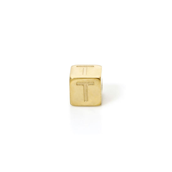 Immagine di 2 Pz Placcatura Sottovuoto PVD Ecologica 304 Acciaio Inossidabile Perline per la Creazione di Gioielli con Fai-da-te Placcato Oro 14K Cubo Lettera Maiuscola Lettere " T " 5mm x 5mm, Buco: Circa 2mm