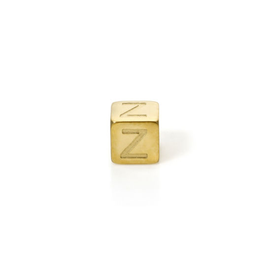 Immagine di 2 Pz Placcatura Sottovuoto PVD Ecologica 304 Acciaio Inossidabile Perline per la Creazione di Gioielli con Fai-da-te Placcato Oro 14K Cubo Lettera Maiuscola Lettere " Z " 5mm x 5mm, Buco: Circa 2mm