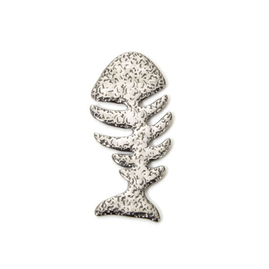 Picture of 2 PCs Eco-friendly PVD Vacuum Plating 304 Stainless Steel Ocean Jewelry Connectors Charms Pendants Silver Tone Fish Bone 5.6cm x 2.7cm