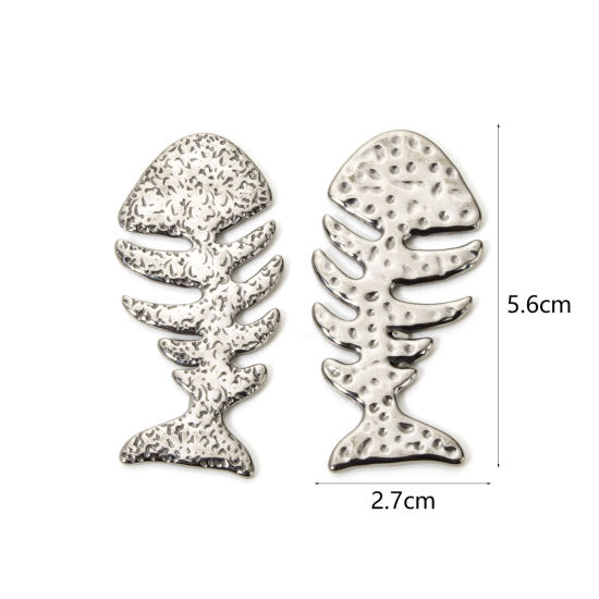 Picture of 2 PCs Eco-friendly PVD Vacuum Plating 304 Stainless Steel Ocean Jewelry Connectors Charms Pendants Silver Tone Fish Bone 5.6cm x 2.7cm