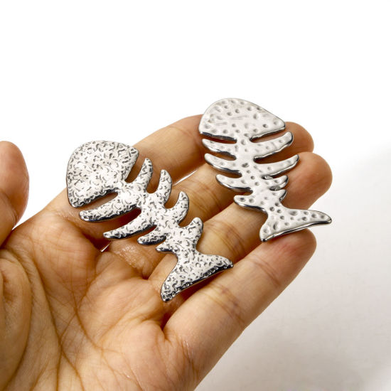 Picture of 2 PCs Eco-friendly PVD Vacuum Plating 304 Stainless Steel Ocean Jewelry Connectors Charms Pendants Silver Tone Fish Bone 5.6cm x 2.7cm