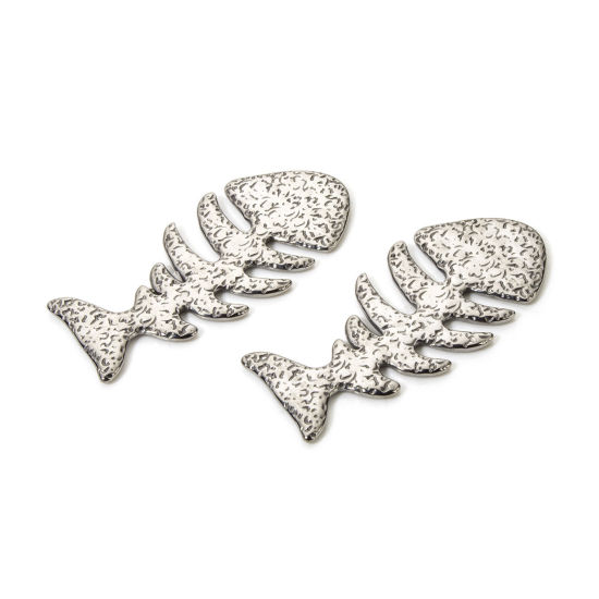 Picture of 2 PCs Eco-friendly PVD Vacuum Plating 304 Stainless Steel Ocean Jewelry Connectors Charms Pendants Silver Tone Fish Bone 5.6cm x 2.7cm