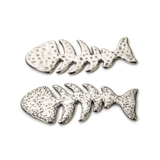 Picture of 2 PCs Eco-friendly PVD Vacuum Plating 304 Stainless Steel Ocean Jewelry Connectors Charms Pendants Silver Tone Fish Bone 5.6cm x 2.7cm