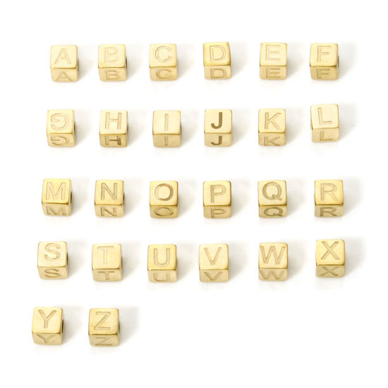 Immagine di 1 Serie ( 26 Pz/Serie) Placcatura Sottovuoto PVD Ecologica 304 Acciaio Inossidabile Perline per la Creazione di Gioielli con Fai-da-te Placcato Oro 14K Cubo Lettera Maiuscola Lettere " A-Z " 5mm x 5mm, Buco: Circa 2mm