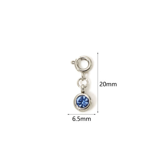 1 個 304ステンレス鋼 誕生石 チャーム 円形 シルバートーン 三月 瑠璃色 ラインストーン 20mm x 6.5mm、 の画像