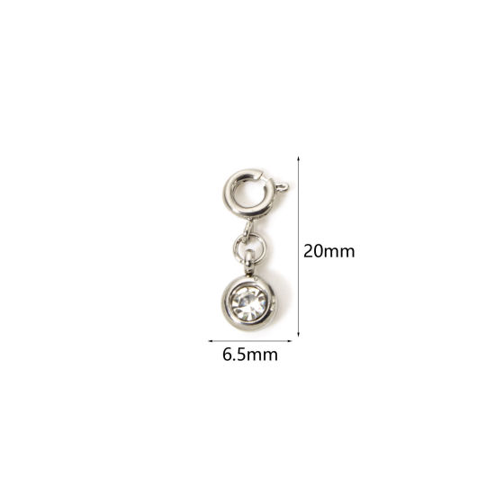 1 個 304ステンレス鋼 誕生石 チャーム 円形 シルバートーン 四月 透明 ラインストーン 20mm x 6.5mm、 の画像
