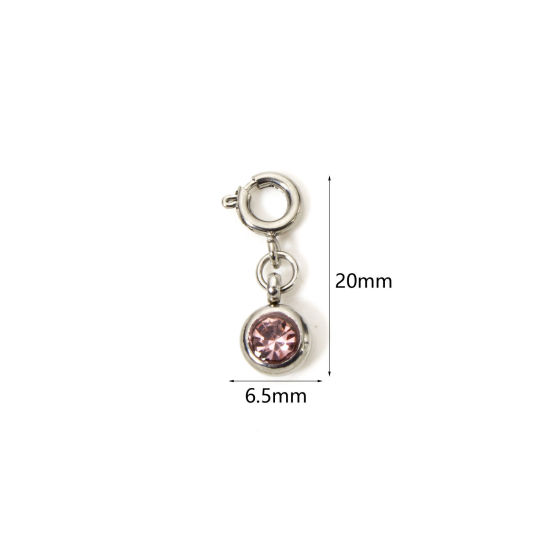 1 個 304ステンレス鋼 誕生石 チャーム 円形 シルバートーン 六月 薄いピンク ラインストーン 20mm x 6.5mm、 の画像