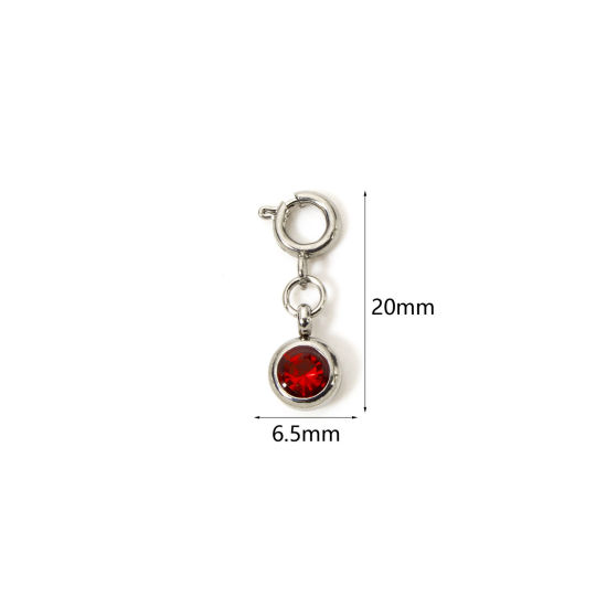 1 個 304ステンレス鋼 誕生石 チャーム 円形 シルバートーン 七月 レッド ラインストーン 20mm x 6.5mm、 の画像