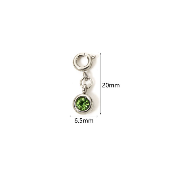 1 個 304ステンレス鋼 誕生石 チャーム 円形 シルバートーン 八月 オリーブ色 ラインストーン 20mm x 6.5mm、 の画像