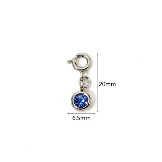 1 個 304ステンレス鋼 チャーム 円形 シルバートーン 青 ラインストーン 20mm x 6.5mm、 の画像