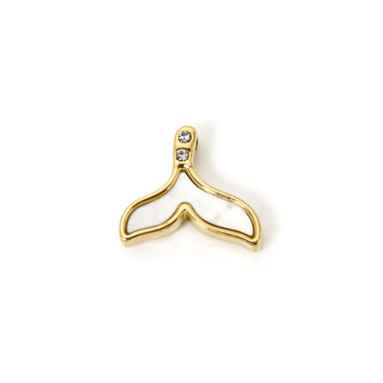 Picture of 1 Piece Eco-friendly PVD Vacuum Plating 304 Stainless Steel & Natural Shell Ocean Jewelry Charms 14K Real Gold Plated Fishtail 16mm x 14mm