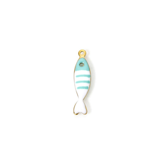 Picture of 5 PCs Eco-friendly PVD Vacuum Plating 304 Stainless Steel Ocean Jewelry Charms 18K Real Gold Plated At Random Color Fish Animal Stripe Enamel 18.5mm x 5mm