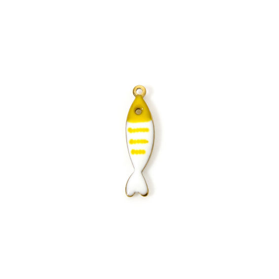 Picture of 5 PCs Eco-friendly PVD Vacuum Plating 304 Stainless Steel Ocean Jewelry Charms 18K Real Gold Plated At Random Color Fish Animal Stripe Enamel 18.5mm x 5mm