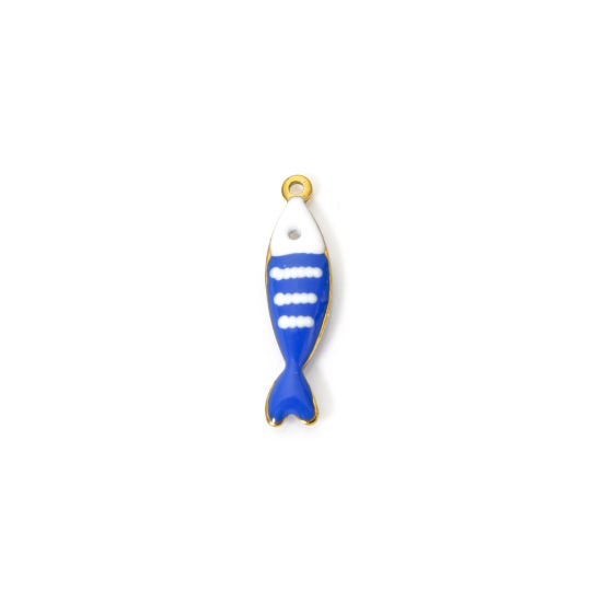Picture of 5 PCs Eco-friendly PVD Vacuum Plating 304 Stainless Steel Ocean Jewelry Charms 18K Real Gold Plated At Random Color Fish Animal Stripe Enamel 18.5mm x 5mm