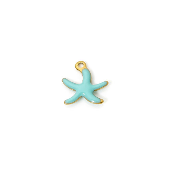Image de 5 Pcs Breloques en 304 Acier Inoxydable Revêtement sous Vide PVD Respectueux de l'Environnement Bijoux d'Océan Etoile de Mer Plaqué Or Véritable 18K Bleu Émail 10.5mm x 10mm