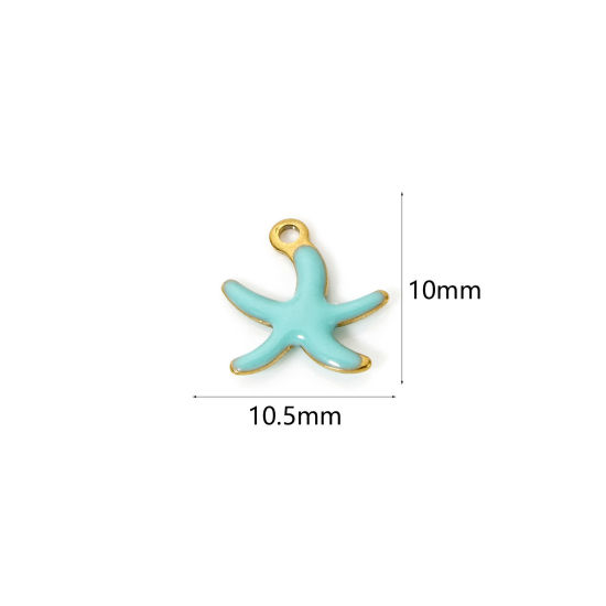 Image de 5 Pcs Breloques en 304 Acier Inoxydable Revêtement sous Vide PVD Respectueux de l'Environnement Bijoux d'Océan Etoile de Mer Plaqué Or Véritable 18K Bleu Émail 10.5mm x 10mm