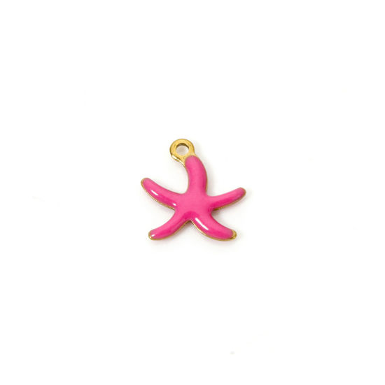 Image de 5 Pcs Breloques en 304 Acier Inoxydable Revêtement sous Vide PVD Respectueux de l'Environnement Bijoux d'Océan Etoile de Mer Plaqué Or Véritable 18K Fuchsia Émail 10.5mm x 10mm