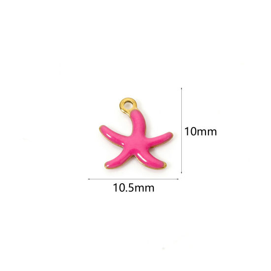 Image de 5 Pcs Breloques en 304 Acier Inoxydable Revêtement sous Vide PVD Respectueux de l'Environnement Bijoux d'Océan Etoile de Mer Plaqué Or Véritable 18K Fuchsia Émail 10.5mm x 10mm