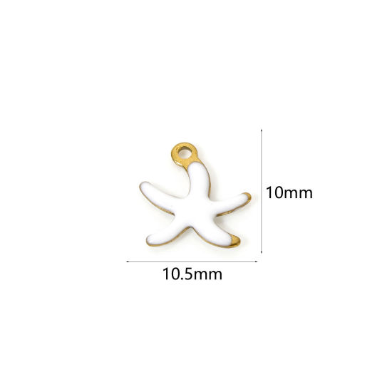 Image de 5 Pcs Breloques en 304 Acier Inoxydable Revêtement sous Vide PVD Respectueux de l'Environnement Bijoux d'Océan Etoile de Mer Plaqué Or Véritable 18K Blanc Émail 10.5mm x 10mm