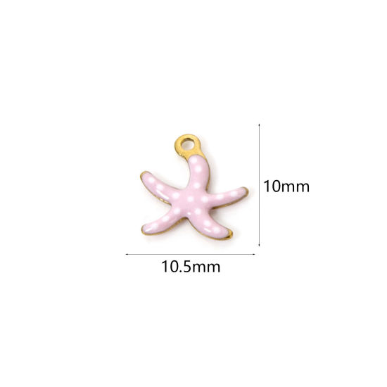 Image de 5 Pcs Breloques en 304 Acier Inoxydable Revêtement sous Vide PVD Respectueux de l'Environnement Bijoux d'Océan Etoile de Mer Plaqué Or Véritable 18K Rose Émail 10.5mm x 10mm