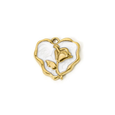 Picture of 2 PCs Eco-friendly PVD Vacuum Plating Waterproof Anti-Tarnish Hypoallergenic 304 Stainless Steel Charms 18K Real Gold Plated White Heart Rose Flower Enamel 21mm x 20mm