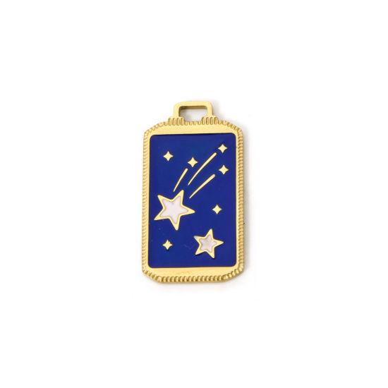 Image de 1 Pièce Breloques en 304 Acier Inoxydable Revêtement sous Vide PVD Respectueux de l'Environnement Rectangle Plaqué Or Véritable 18K Bleu Foncé Etoile Émail 25.5mm x 14mm