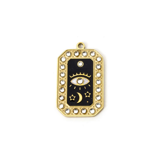 Image de 1 Pièce Breloques en 304 Acier Inoxydable Revêtement sous Vide PVD Respectueux de l'Environnement Rectangle Plaqué Or Véritable 18K Noir Yeux Émail 26.5mm x 16mm