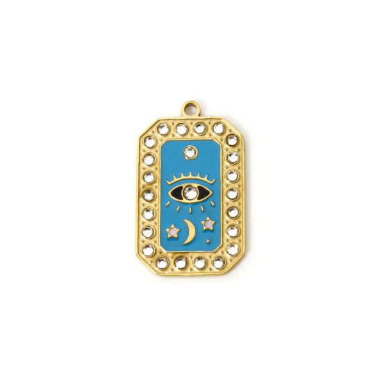 Image de 1 Pièce Breloques en 304 Acier Inoxydable Revêtement sous Vide PVD Respectueux de l'Environnement Rectangle Plaqué Or Véritable 18K Bleu Yeux Émail 26.5mm x 16mm