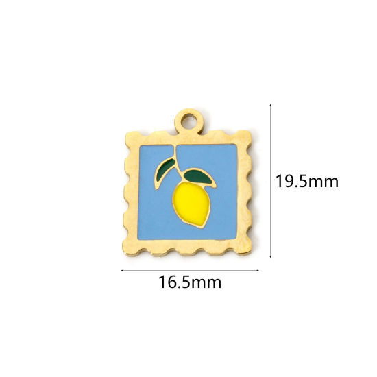 Picture of 2 PCs Eco-friendly PVD Vacuum Plating 304 Stainless Steel Flora Collection Charms 14K Real Gold Plated Yellow Square Lemon Slice Enamel 19.5mm x 16.5mm