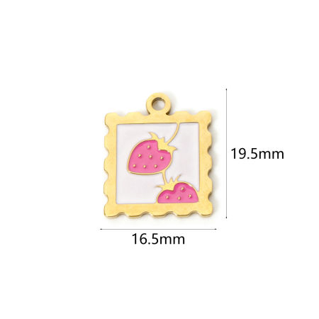 Picture of 2 PCs Eco-friendly PVD Vacuum Plating Waterproof Anti-Tarnish Hypoallergenic 304 Stainless Steel Flora Collection Charms 14K Real Gold Plated Pink Square Strawberry Fruit Enamel 19.5mm x 16.5mm