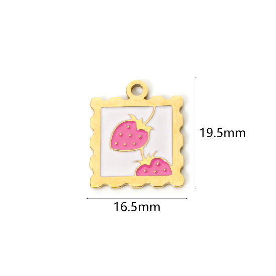Picture of 2 PCs Eco-friendly PVD Vacuum Plating 304 Stainless Steel Flora Collection Charms 14K Real Gold Plated Pink Square Strawberry Fruit Enamel 19.5mm x 16.5mm