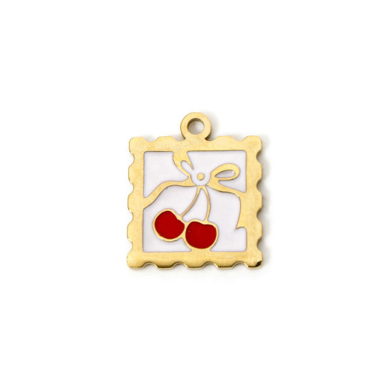 Picture of 2 PCs Eco-friendly PVD Vacuum Plating 304 Stainless Steel Flora Collection Charms 14K Real Gold Plated Red Square Cherry Fruit Enamel 19.5mm x 16.5mm