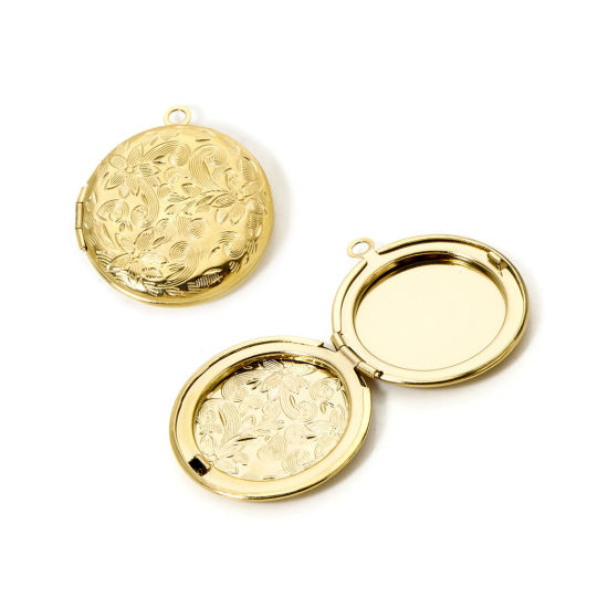 Picture of 1 Piece Eco-friendly PVD Vacuum Plating 304 Stainless Steel Picture Photo Locket Frame Pendants 14K Real Gold Plated Round Disc Flower 3.1cm x 2.7cm