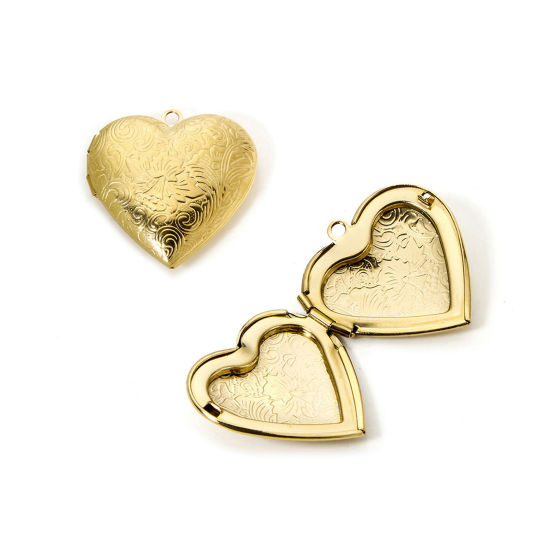 Picture of 1 Piece Eco-friendly PVD Vacuum Plating 304 Stainless Steel Picture Photo Locket Frame Pendants 14K Real Gold Plated Heart Flower 29mm x 29mm