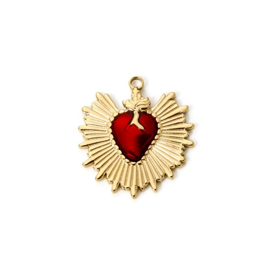 Image de 1 Pièce Breloques en 304 Acier Inoxydable Revêtement sous Vide PVD Respectueux de l'Environnement Religieux Coeur de Ex-Voto Plaqué Or Véritable 14K Rouge 3cm x 2.6cm