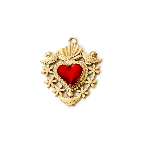 Image de 1 Pièce Breloques en 304 Acier Inoxydable Revêtement sous Vide PVD Respectueux de l'Environnement Religieux Coeur de Ex-Voto Plaqué Or Véritable 14K Rouge 3cm x 2.5cm