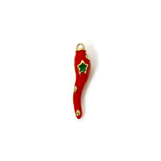 Image de 1 Pièce Breloques en 304 Acier Inoxydable Revêtement sous Vide PVD Respectueux de l'Environnement Collection Végétale Piment Plaqué Or Véritable 14K Rouge Etoile 26mm x 5.5mm