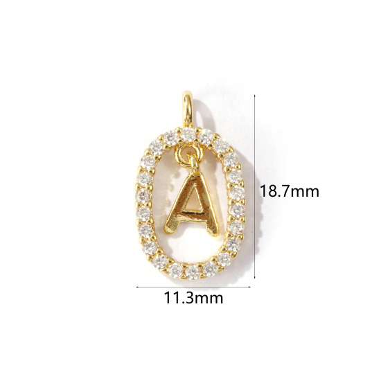 Immagine di 1 Pz Ottone Micro Intarsio Ciondoli Ovale Placcato Oro 18K Lettera Maiuscola Lettere " A " Filigrana Trasparente Cubic Zirconiae 18.7mm x 11.3mm