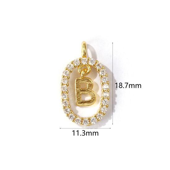 Immagine di 1 Pz Ottone Micro Intarsio Ciondoli Ovale Placcato Oro 18K Lettera Maiuscola Lettere " B " Filigrana Trasparente Cubic Zirconiae 18.7mm x 11.3mm