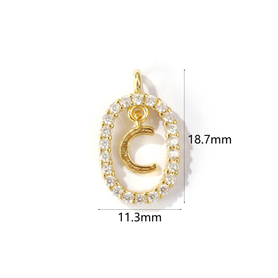 Immagine di 1 Pz Ottone Micro Intarsio Ciondoli Ovale Placcato Oro 18K Lettera Maiuscola Lettere " C " Filigrana Trasparente Cubic Zirconiae 18.7mm x 11.3mm